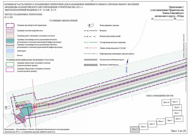 Ось проектируемого линейного сооружения обозначенная на местности и нанесенная на план карту